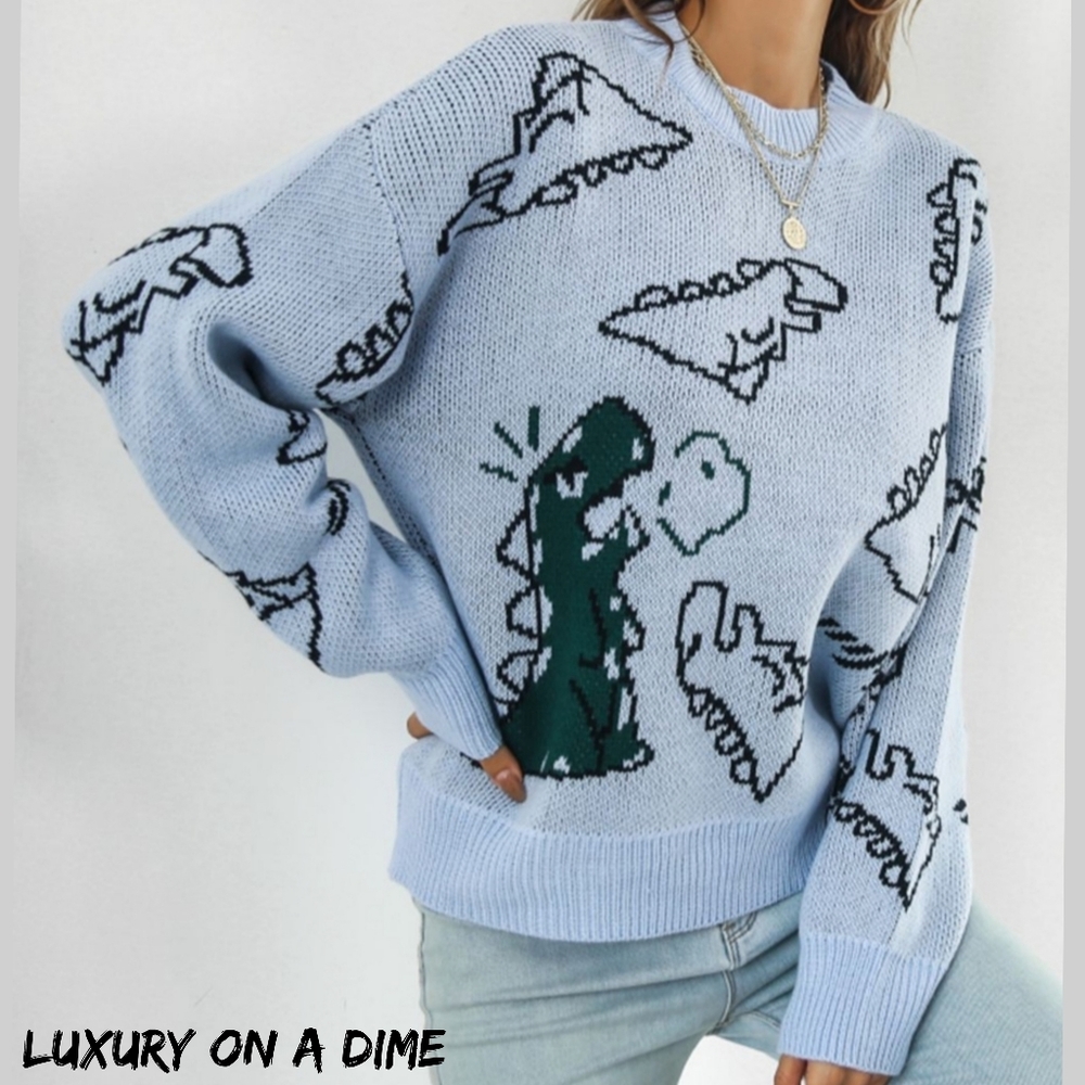 Blue Dinosaur Pattern Sweater - Picture 9 of 10